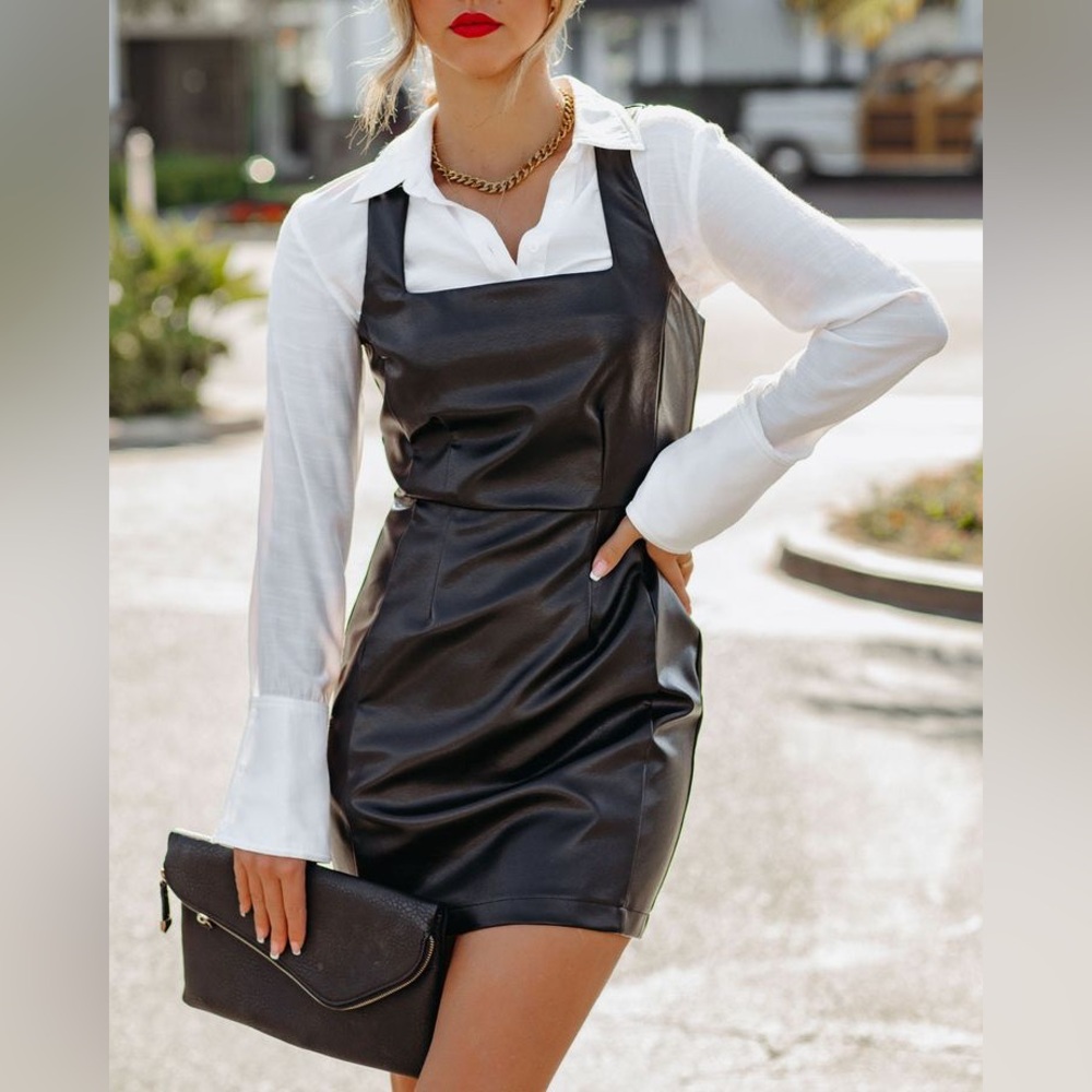 TCEC Vegan Leather Black Dress with White Button Down